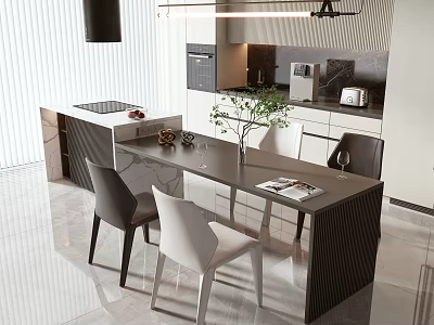 Elegant Modern Dining Table Set With Chairs Potted Plant And Kitchen Island 3d model