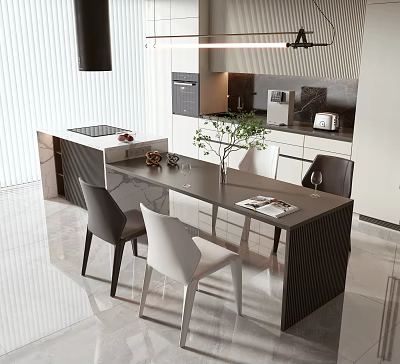Elegant Modern Dining Table Set With Chairs Potted Plant And Kitchen Island 3d model