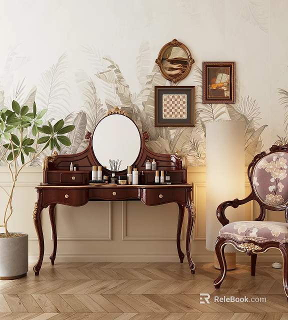 Vintage Wooden Dressing Table With Round Mirror Decorative Frames Accent Chair And Potted Plant 3d model 