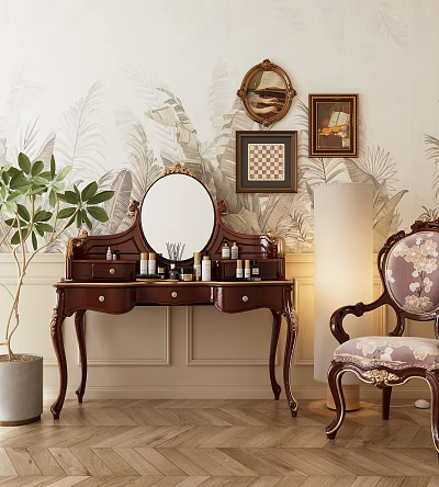 Vintage Wooden Dressing Table With Round Mirror Decorative Frames Accent Chair And Potted Plant 3d model