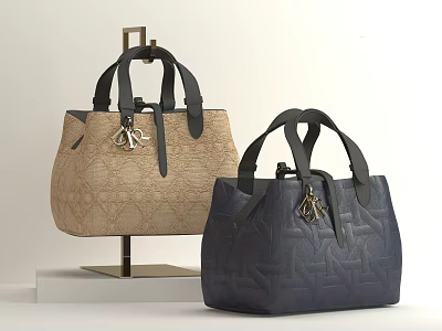 Stylish Handbags in Beige and Navy Blue Featuring Black Handles Metal Accents and Embossed Patterns 3d model