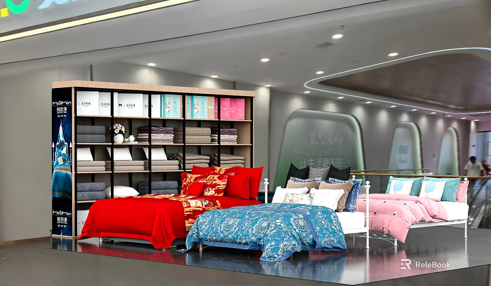 Bedding Store Display With Colorful Bed Sheets Pillows And Shelf Products 3d model