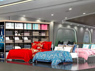 Bedding Store Display With Colorful Bed Sheets Pillows And Shelf Products 3d model