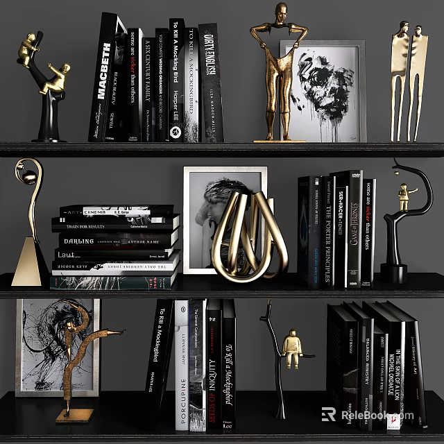 Stylish Bookshelf Display With Books Magazines Trophies And Decorative Sculptures 3d model 