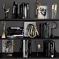 Stylish Bookshelf Display With Books Magazines Trophies And Decorative Sculptures