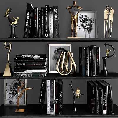 Stylish Bookshelf Display With Books Magazines Trophies And Decorative Sculptures 3d model