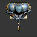 Blue Knight Armor With Ornate Design Axe Spear And Golden Base