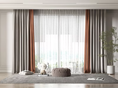 Modern Living Room With Gray And Brown Layered Curtains Sheer Panels And Cozy Floor Cushions 3d model