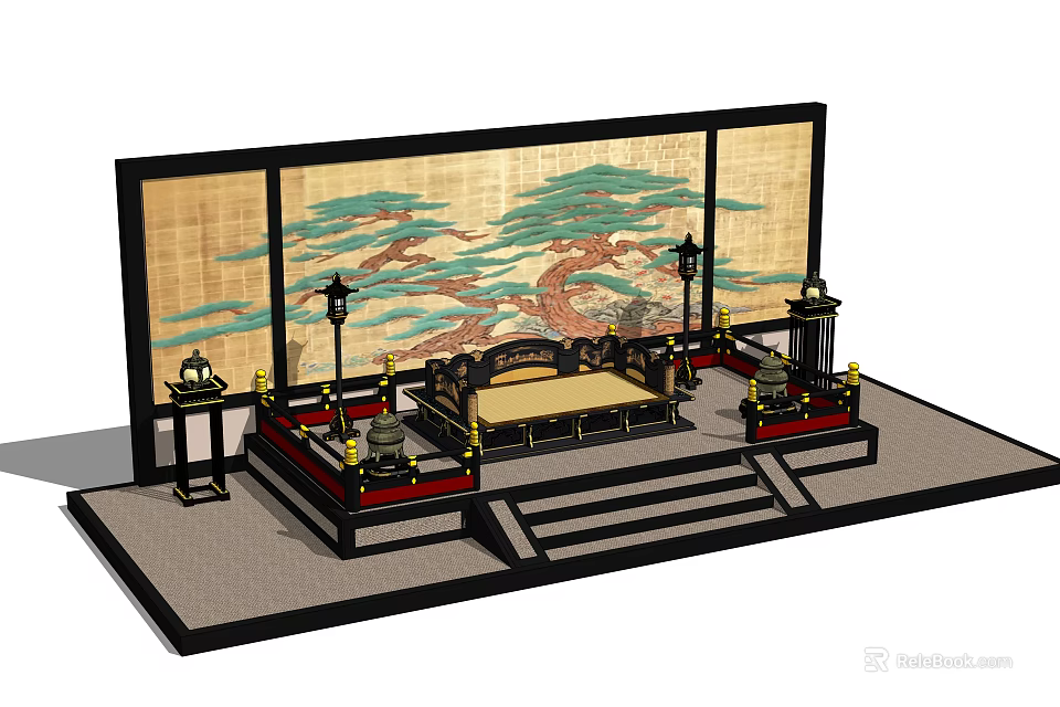 Traditional Chinese Hall Interior With Classic Screen Throne And Ornate Lanterns 3d model 