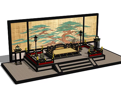 Traditional Chinese Hall Interior With Classic Screen Throne And Ornate Lanterns 3d model