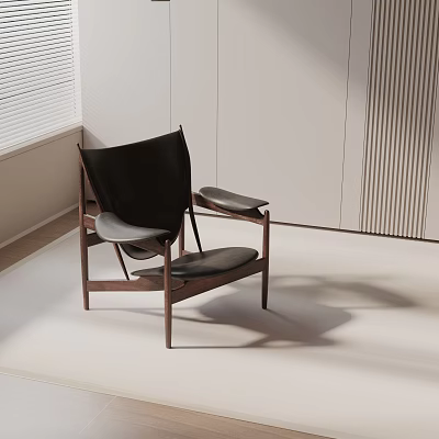 Modern Black Leather Lounge Chair With Wooden Frame In Minimalist Interior Design 3d model