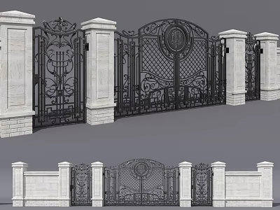 Ornate Iron Entrance Gate With White Stone Pillars And Decorative Patterns 3d model
