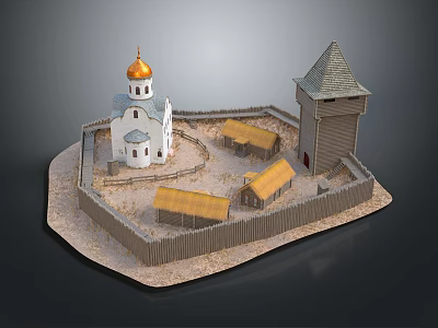 Medieval Fortified Architectural Model With Golden Dome Church Watchtower And Wooden Fence 3d model
