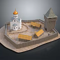 Medieval Fortified Architectural Model With Golden Dome Church Watchtower And Wooden Fence