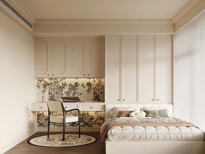 Modern Minimalist Tatami Bedroom With White Cabinets Desk And Decorative Wall 3d model