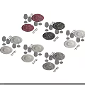 Modern Dinnerware Set with Dark Plates White Spots Wine Glasses and Tumblers on White Table