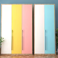Modern Wooden Double Door Wardrobe With Hanging Folded Clothes Storage Boxes And Green Plants