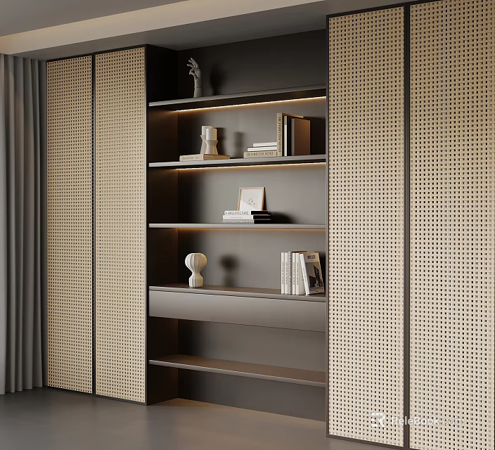 Elegant Modern Bookcase Design With Perforated Panels Open Shelves And Decorative Items 3d model 