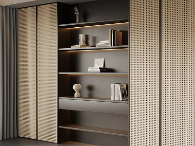 Elegant Modern Bookcase Design With Perforated Panels Open Shelves And Decorative Items 3d model