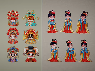 Traditional Chinese Wall Decor With Colorful Peking Opera Masks And Ancient Lady Figures 3d model