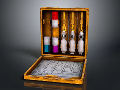 Laboratory Equipment Set With Wooden Case Colorful Capped Reagent Bottles And Instruction Sheet 3d model