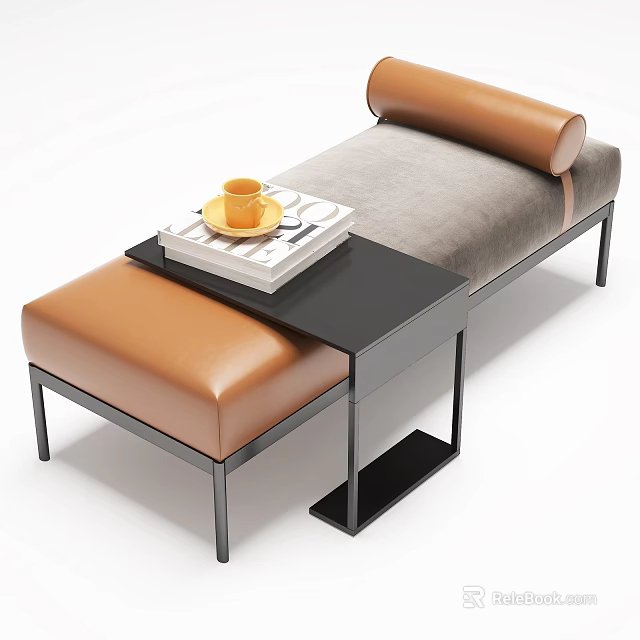 Leather Gray Cushion Ottoman with Metal Frame Side Black Table Orange Coffee Cup Books 3d model 