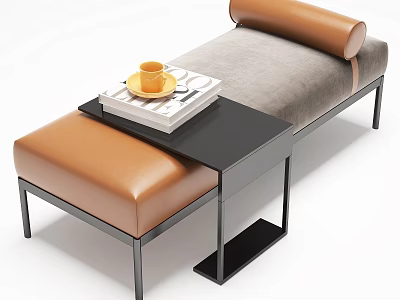 Leather Gray Cushion Ottoman with Metal Frame Side Black Table Orange Coffee Cup Books 3d model
