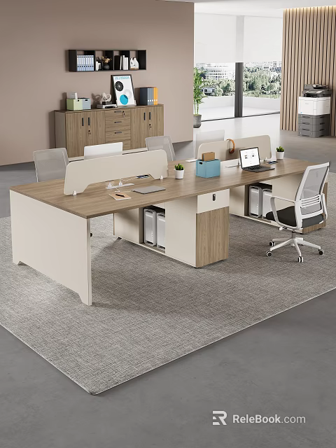 Modern Public Office Interior With Workstations Divider Panels Laptop Potted Plants And Ergonomic Chairs 3d model 
