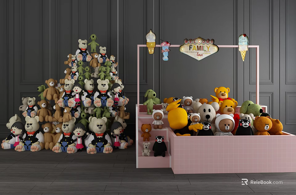 Colorful Plush Stuffed Toys Display With Pink Stand Ice Cream Decorations And EMMY Sign 3d model 