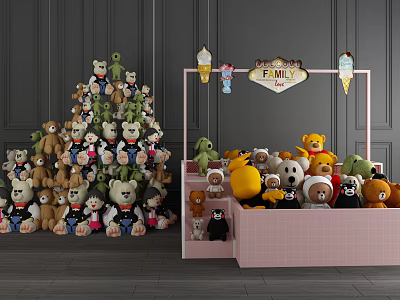 Colorful Plush Stuffed Toys Display With Pink Stand Ice Cream Decorations And EMMY Sign 3d model