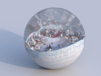 Winter Themed Decorative Ornament Set With Crystal Ball Snow Scene Small Houses And Trees 3d model