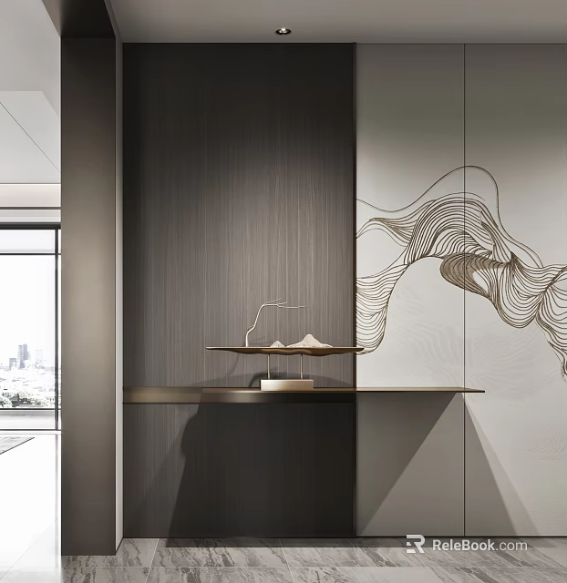 Modern Console Table With Wooden Wall Metal Line Decoration Marble Top And City View 3d model 