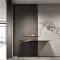 Modern Console Table With Wooden Wall Metal Line Decoration Marble Top And City View