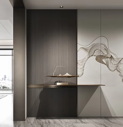 Modern Console Table With Wooden Wall Metal Line Decoration Marble Top And City View 3d model