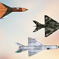 Three Different Colored Fighter Jets Flying in Sunset Sky with White Orange Camouflage