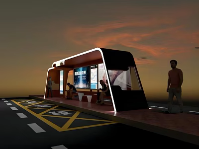 Modern Bus Stop Design Featuring Transparent Glass Lighting Sunset Sky And Pedestrians 3d model