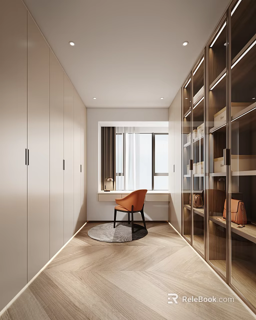Modern Walk in Closet Interior With Built in Wardrobes Orange Chair Window Round Rug And Glass Door Cabinets 3d model 