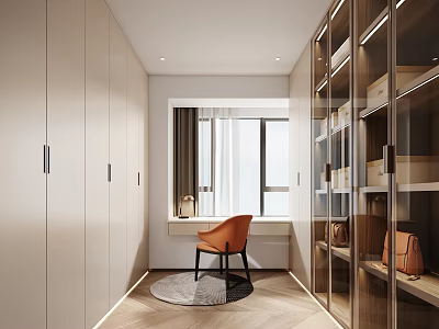 Modern Walk in Closet Interior With Built in Wardrobes Orange Chair Window Round Rug And Glass Door Cabinets 3d model
