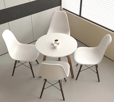 Modern Round White Table And Chairs Set With Wooden Legs Near Window 3d model
