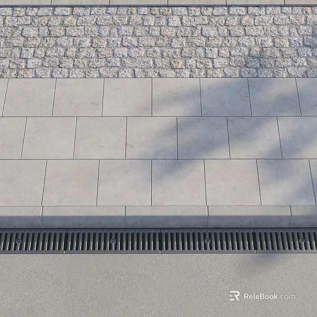 Urban Road Infrastructure With Neatly Paved Gray Stone Slabs And Metal Grid Drainage 3d model 