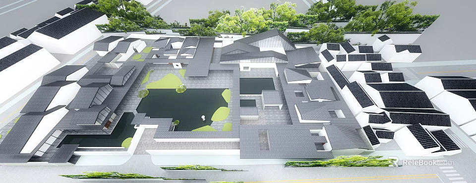 Modern Museum Building With Grey Roofs Pond And Green Courtyard Design 3d model 