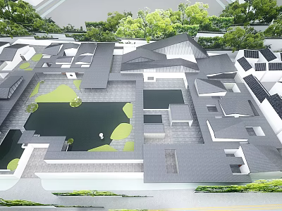Modern Museum Building With Grey Roofs Pond And Green Courtyard Design 3d model