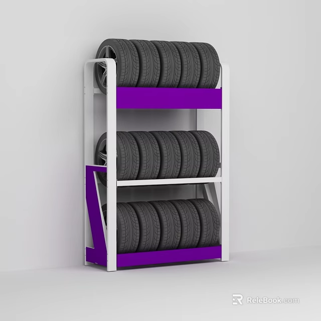 Tire Specialty Store With Purple And White Shelves Displaying Multiple Tire Layers 3d model 