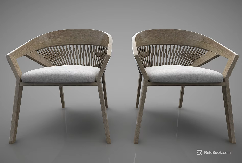 Minimalist Wooden Leisure Chairs With Vertical Slat Back And Light Fabric Cushions 3d model 
