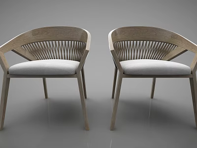 Minimalist Wooden Leisure Chairs With Vertical Slat Back And Light Fabric Cushions 3d model