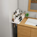 Stylish Bathroom Vanity With Wooden Countertop Toiletries Small Potted Plant And Wooden Framed Mirror