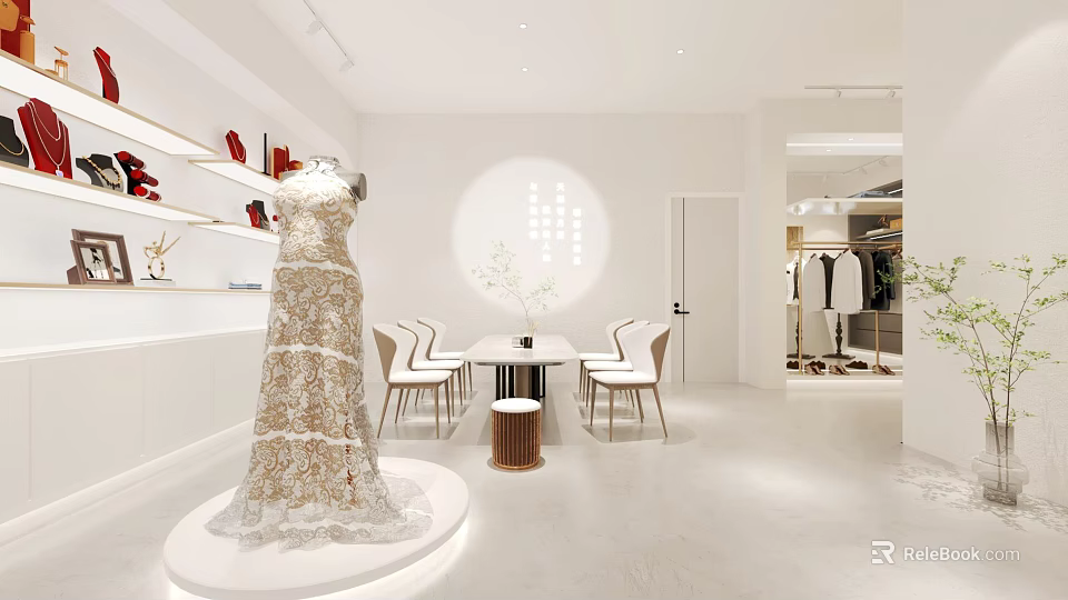 Elegant Clothing Store Interior With Luxury Lace Gown Display White Chairs Table And Red Shoes 3d model 