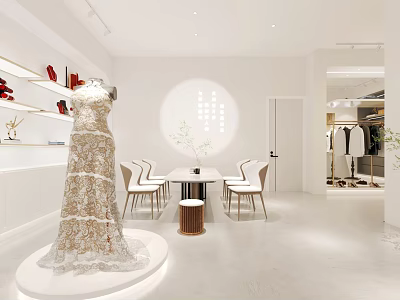 Elegant Clothing Store Interior With Luxury Lace Gown Display White Chairs Table And Red Shoes 3d model
