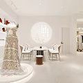 Elegant Clothing Store Interior With Luxury Lace Gown Display White Chairs Table And Red Shoes