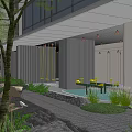 Modern Residential Landscape With Lush Greenery Pathway Trees Patio And Building Exterior